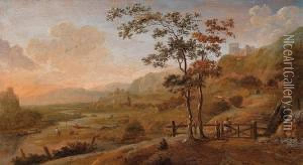 Weite Flusslandschaft Mit Hochgelegener Ruine Oil Painting - Dionys Verburgh