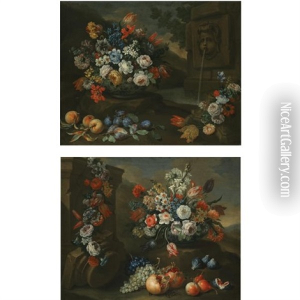 A Still Life Of Tulips, Roses And Other Flowers In A Porcelain Vase, With Peaches, Plums And Another Bunch Of Flowers Near A Fountain In A Park Landscape (+ A Still Life Of Tulips, Daffodils, Roses An Oil Painting - Bartolommeo Bimbi