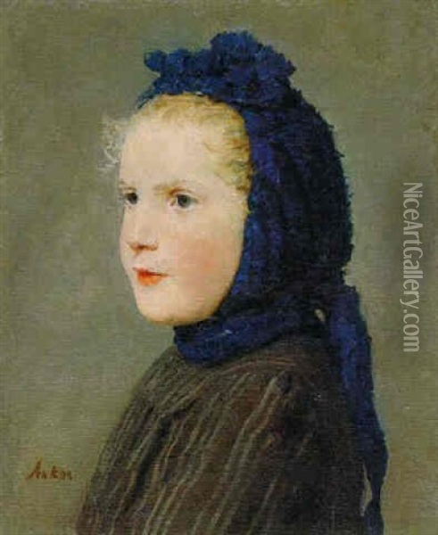 Bildnis Eines Madchens Mit Kopftuch Oil Painting - Albert Anker