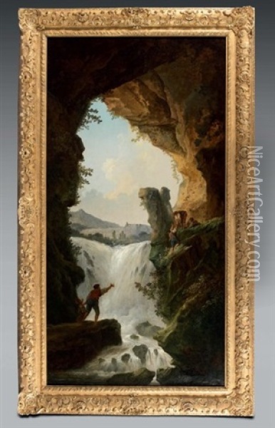 Groupe De Personnages Devant Une Cascade Vue Depuis Une Grotte Oil Painting - Hubert Robert