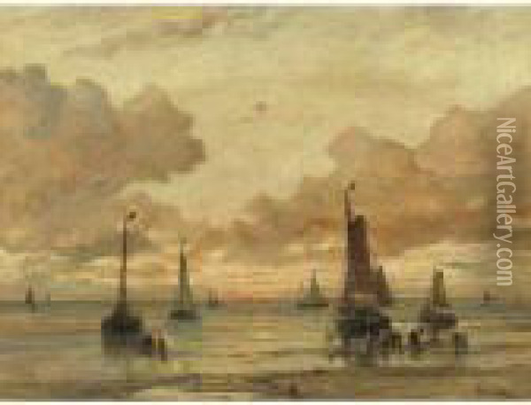 Shoring The Boats At Sunset Oil Painting - Hendrik Willem Mesdag