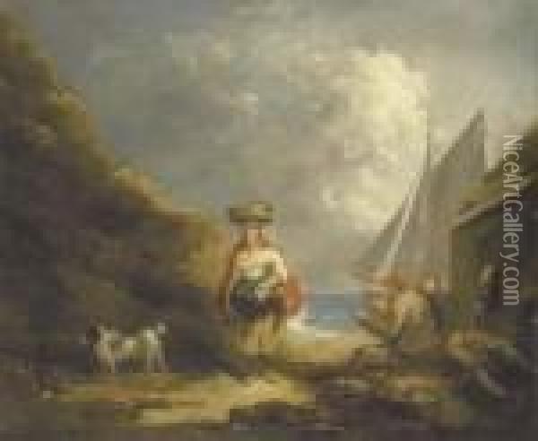 A Young Girl, On A Coastal Path, Passing Fishermen Drinking Outsidea Cottage Oil Painting - George Morland
