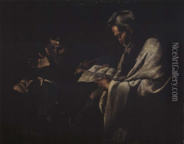 Homme Mourant Entoure De Deux Personnages Oil Painting -  Master of the Annunciation to the Shepherds