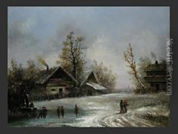 Kinder Bei Eislaufen Oil Painting - Adolf Stademann