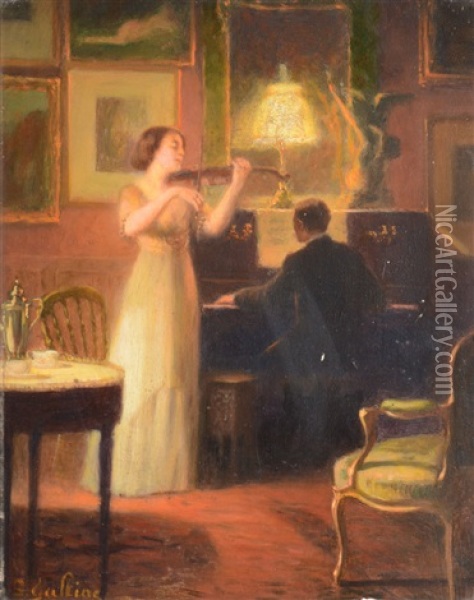 Pianiste Et Violoniste Sous La Lampe Oil Painting - Louis Galliac