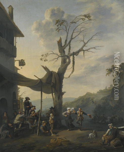 Peasants Dancing The Tarantella Outside An Inn In A Hilly Italianate Landscape Oil Painting - Johannes Lingelbach