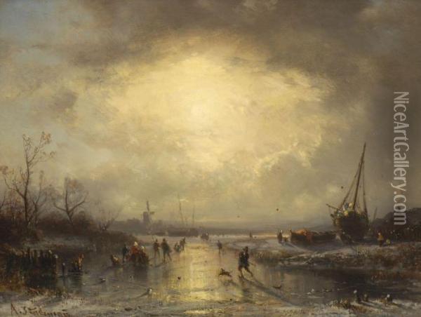 Hollandische Winterlandschaft Im Abendlicht Oil Painting - Adolf Stademann