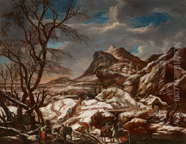 Figures In A Winter Landscape Oil Painting - Marco Ricci
