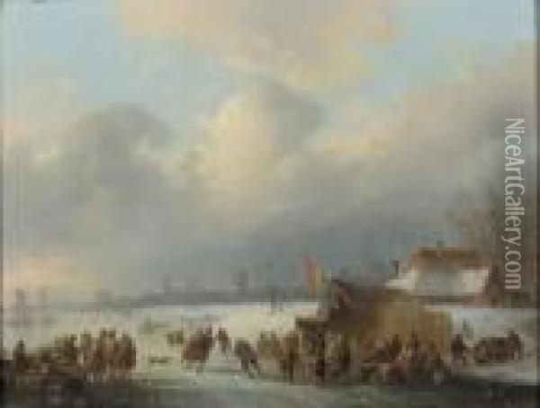 A Frozen Waterway With Skaters And Townsfolk Gathered Around A Koeken Zopie Oil Painting - Jacobus Van Der Stok