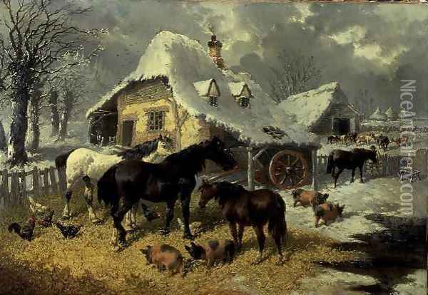 A Farmyard in Winter Oil Painting - John Frederick Herring Snr