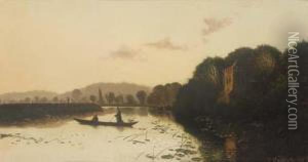 Figures By A Lock; And Anglers On A Lake Oil Painting - Edwin H., Boddington Jnr.