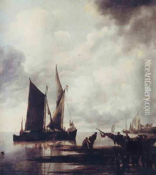 Boats in Shallow Water Oil Painting - Jan Van De Capelle