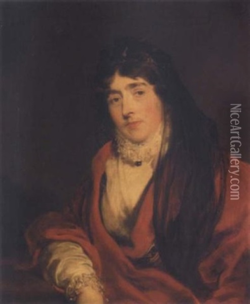 Portrait Of Frances, Lady Crewe, Wearing A Red Cloak And A Black Lace Veil Oil Painting - Thomas Lawrence