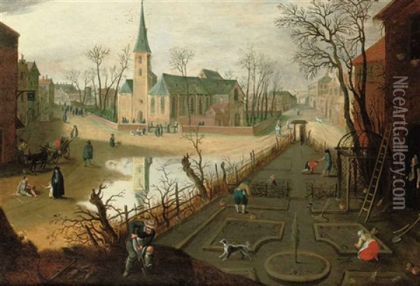 The Month Of February; A Village With Peasants Working The Land And Figures Outside A Church Oil Painting - Abel Grimmer