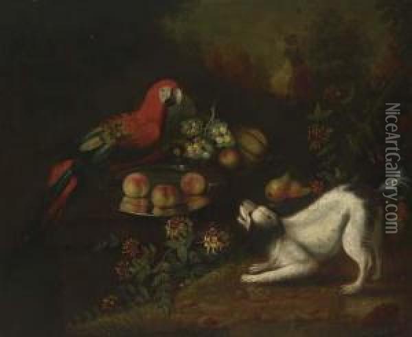 Peaches And Melon On Silver Chargers With A Spaniel Barking At A Parrot, In A Landscape Oil Painting - Jakob Bogdani Eperjes C