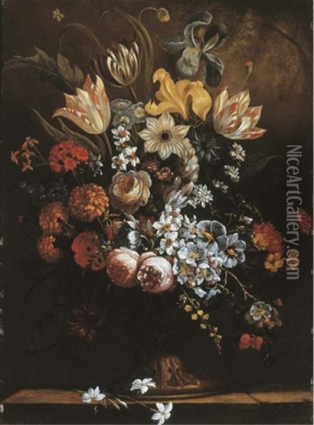 Flowers In A Sculpted Vase On A Stone Ledge Oil Painting - Paul Theodor van Bruessel