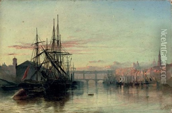 The River Tyne, Newcastle - Sunset Oil Painting - Robert Jobling