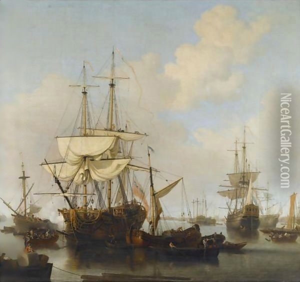 Shipping At Anchor In The Thames Estuary, Near Wapping Oil Painting - Samuel Scott