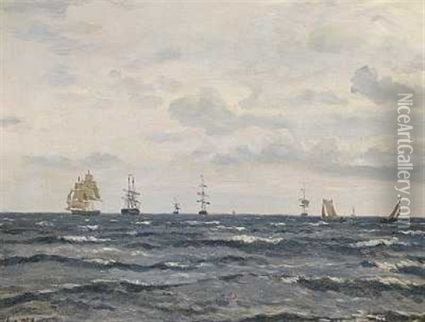 Sejlskibe Pa Havet Oil Painting - Emanuel Larsen