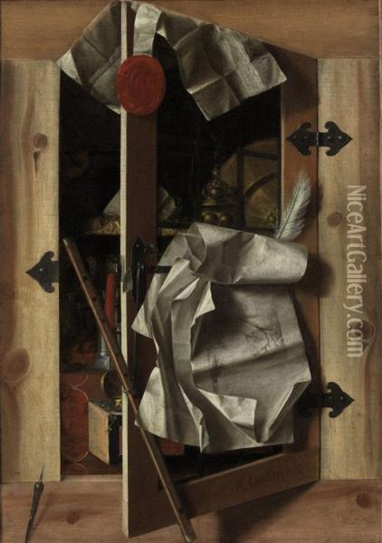 A Trompe L'oeil Still Life With Objects In A Cupboard Oil Painting - Franciscus Gysbrechts