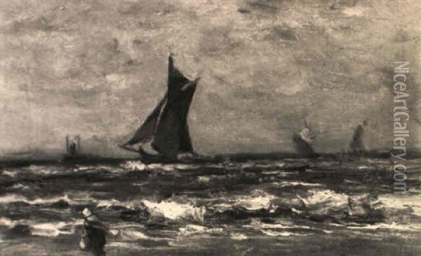 Fischerboote In Kustennahe Bei Bewegter See Oil Painting - Johannes Hermanus Barend Koekkoek