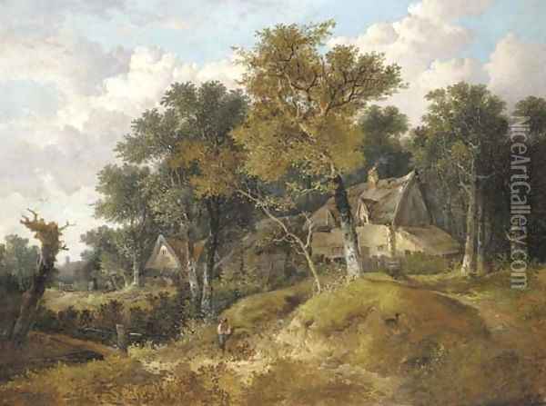 A wooded landscape with cottages and a figure resting by a stream Oil Painting - John Berney Ladbrooke