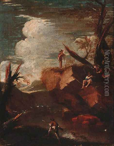 Banditti in a rocky landscape Oil Painting - Salvator Rosa