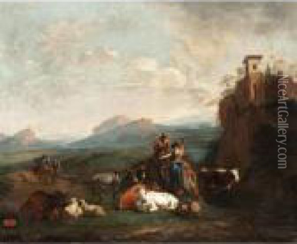 Extensive Italianate Landscape With Drovers And Their Animals Beside A Stream Oil Painting - Nicolaes Berchem