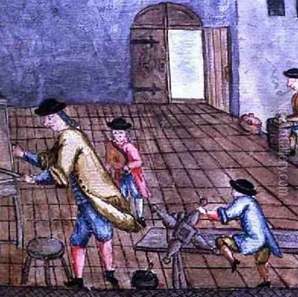 View of a Silversmiths Workshop from Libre de Passenties per Argenters 1762 Oil Painting - Felip Mares