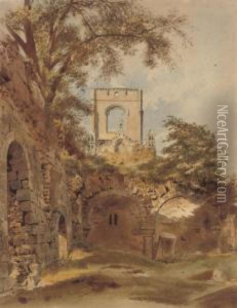 A Ruined Abbey Oil Painting - Thomas Hartley Cromek