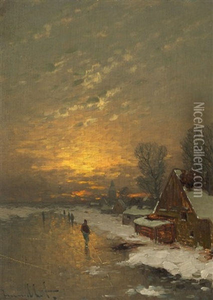 Coastal Landscape In The Evening; Ice Fishing (pair) Oil Painting - Johann Jungblut