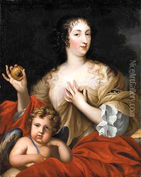 Portrait of a lady as Venus, three-quarter-length, seated, in a white dress with a red mantle, holding a golden apple, with Cupid beside her Oil Painting - Pierre Mignard