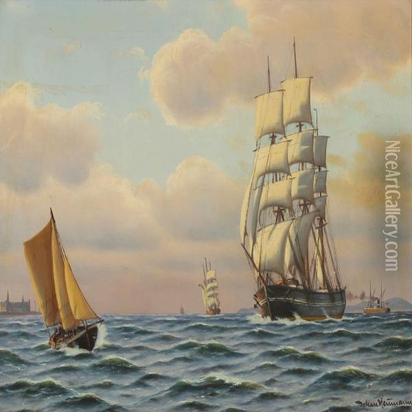 Seascpe With Sailing Ships Outside Kronborg Oil Painting - Johann Jens Neumann