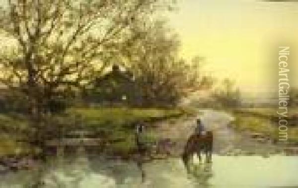 Horse Watering At Sunset Oil Painting - Frank F. English