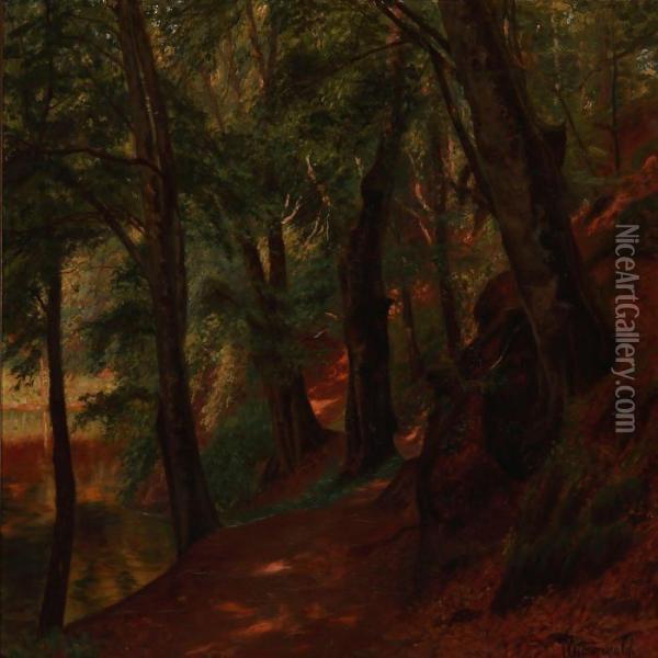Forest Scenery From Baekkelund, Denmark Oil Painting - Emil Winnerwald