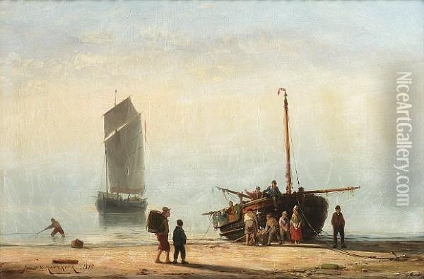 Unloading The Catch Oil Painting - Johannes Hermann Barend Koekkoek
