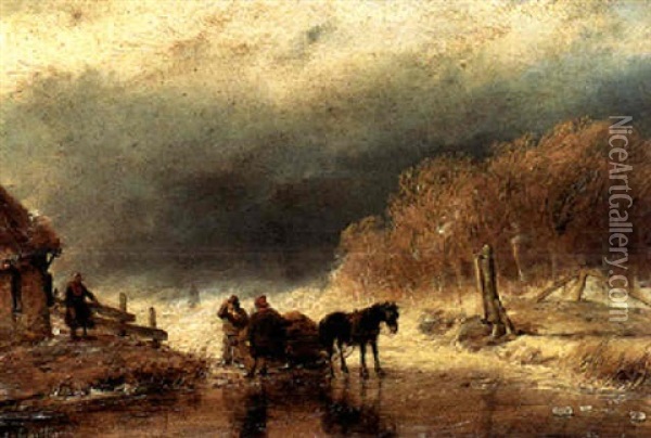 Figures With A Horse-drawn Cart On The Ice Oil Painting - Andreas Schelfhout