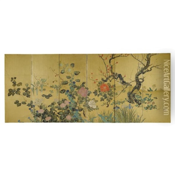 Shiki Soukazu (flowers Of The Four Seasons, 6 Panels) Oil Painting - Koson Ikeda