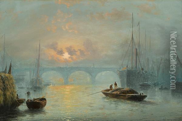A View Of The Thames At Sunset Oil Painting - David James
