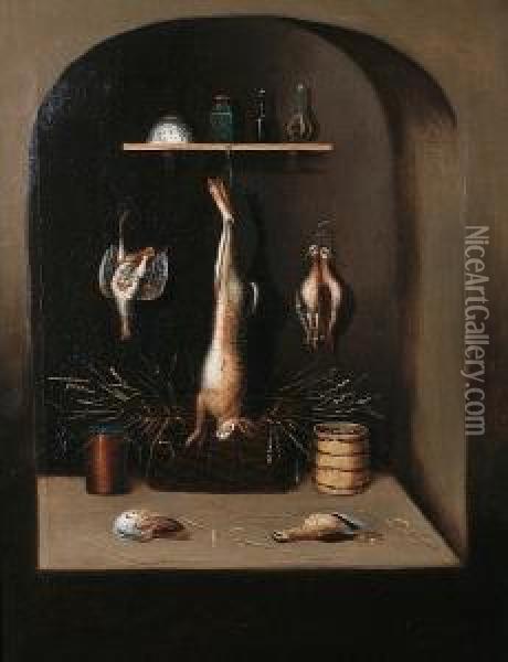 Dead Fowl Hanging From A Rail 
Above A Basket Of Wheat, An Earthenware Jug And Two Other Birds In A 
Stone Niche; And Dead Fowl And Hare Hanging From A Shelf Above A Basket 
Of Wheat And Jars In A Stone Niche Oil Painting - Benjamin Blake