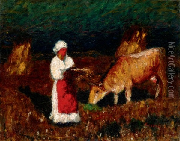 In The Field (woman With Cow) Oil Painting - Jozsef Koszta