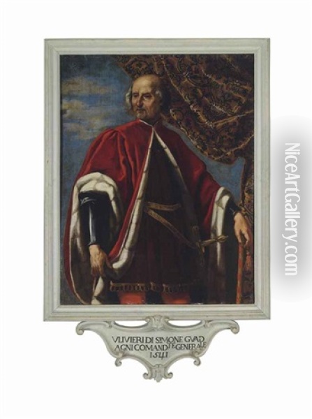 Potrait Of Ulivieri Di Simone Guadagni (1452-1541), Three-quarter-length, In Armour And An Ermine-lined Red Cloak, Before A Draped Curtain Oil Painting - Jacopo Vignali