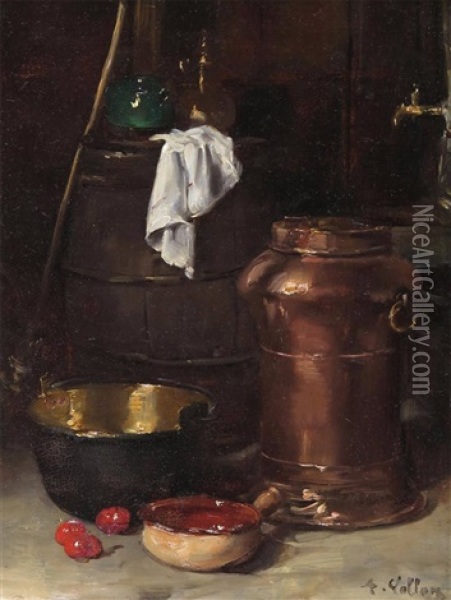 Still Life With A Copper Churn And Brass Pan Oil Painting - Antoine Vollon