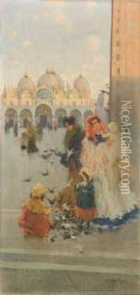 Venezia, Scena Di Vita In Piazza San Marco Oil Painting - Ugo Flumiani