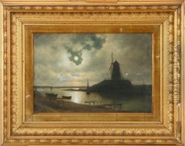A Landscape With An Inlet, Ships And A Mill Oil Painting - Georg Emil Libert