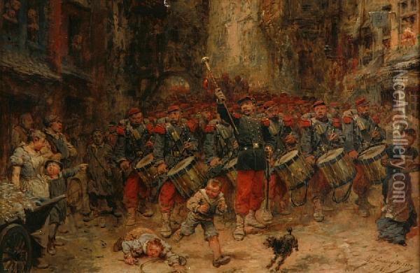 A Victory Parade On A Paris Street Oil Painting - Wilfred Constant Beauquesne