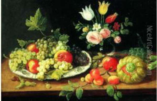 Nature Morte Au Plat De Fruits Et Au Bouquet De Fleurs Sur Un Entablement Oil Painting - Jan Iii Van Kessel