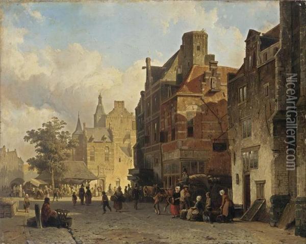Figures On A Market Square Oil Painting - Cornelis Springer