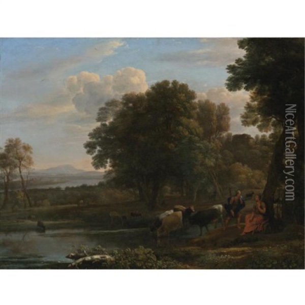 An Evening Landscape With Mercury And Battus Oil Painting - Claude Lorrain