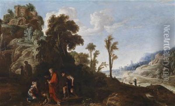 Wide Wooded Landscape With Castle On High And Biblical Figural Groups Oil Painting - David The Elder Teniers